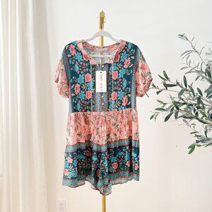 Saints + Secrets Romper | Boho Border Floral | Bell Ties | NWT | Size M